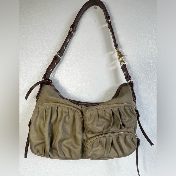 MZ Wallace Army Green Bedford Shoulder Bag with Beautiful Burgundy Leather Strap - Picture 1 of 9